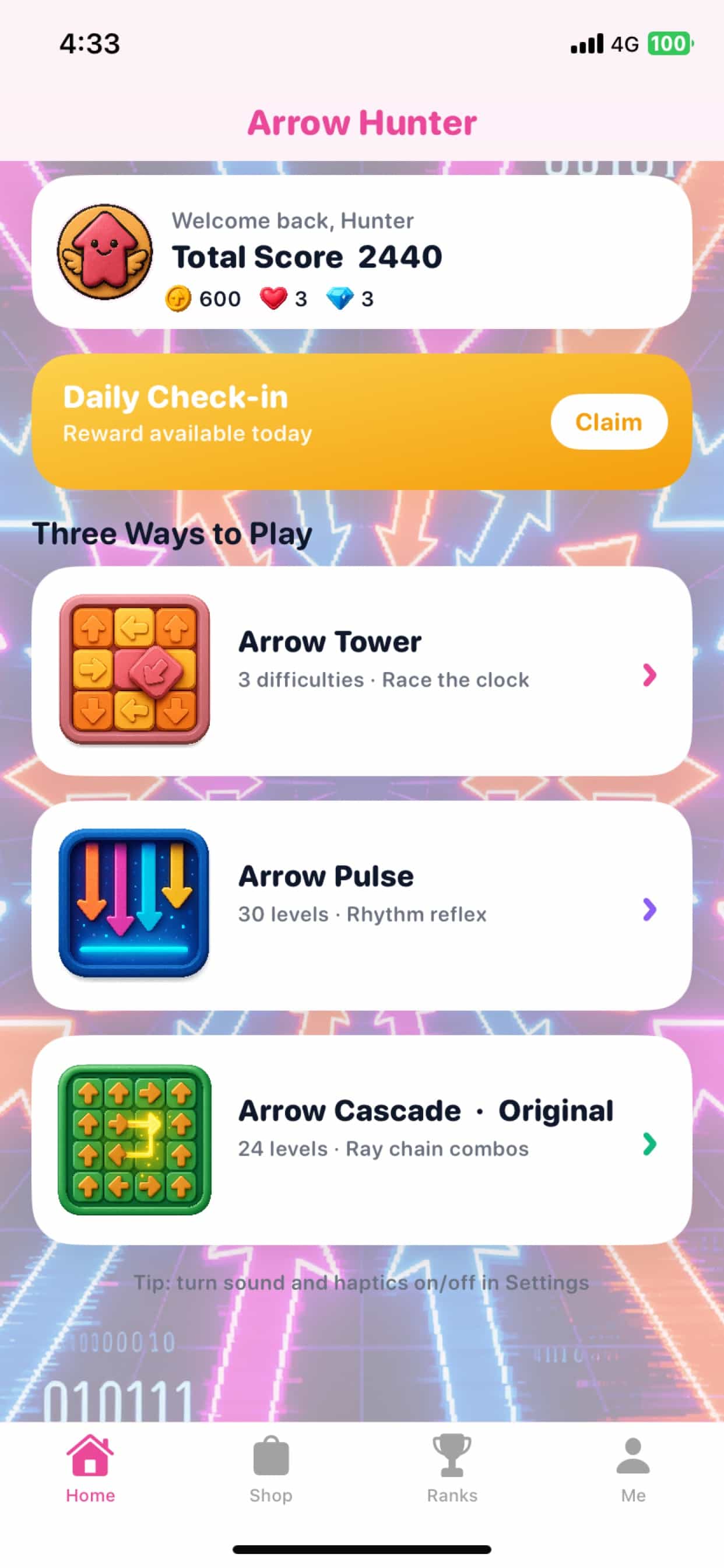 Arrow Hunter home hub with three game modes