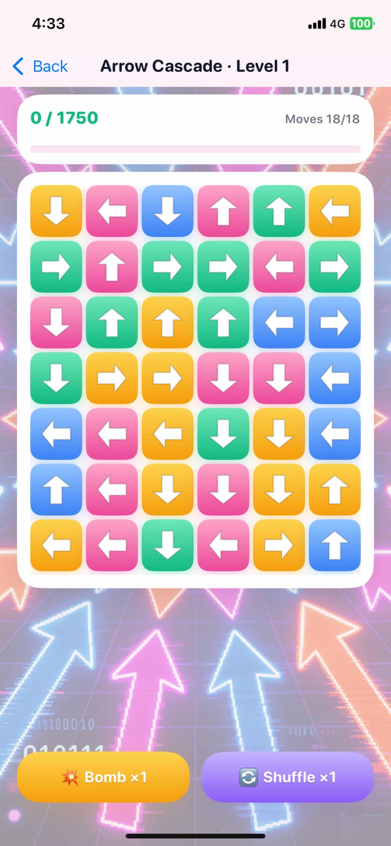 Arrow Cascade chain puzzle on neon grid